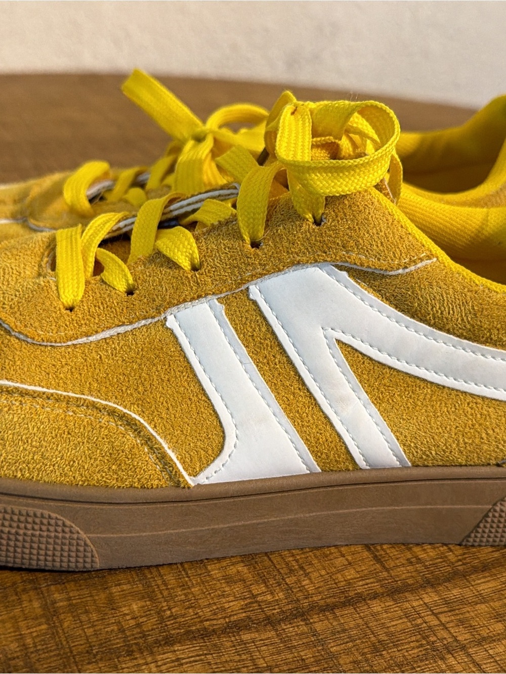 Yellow Suede Sneakers with White Side Stripes